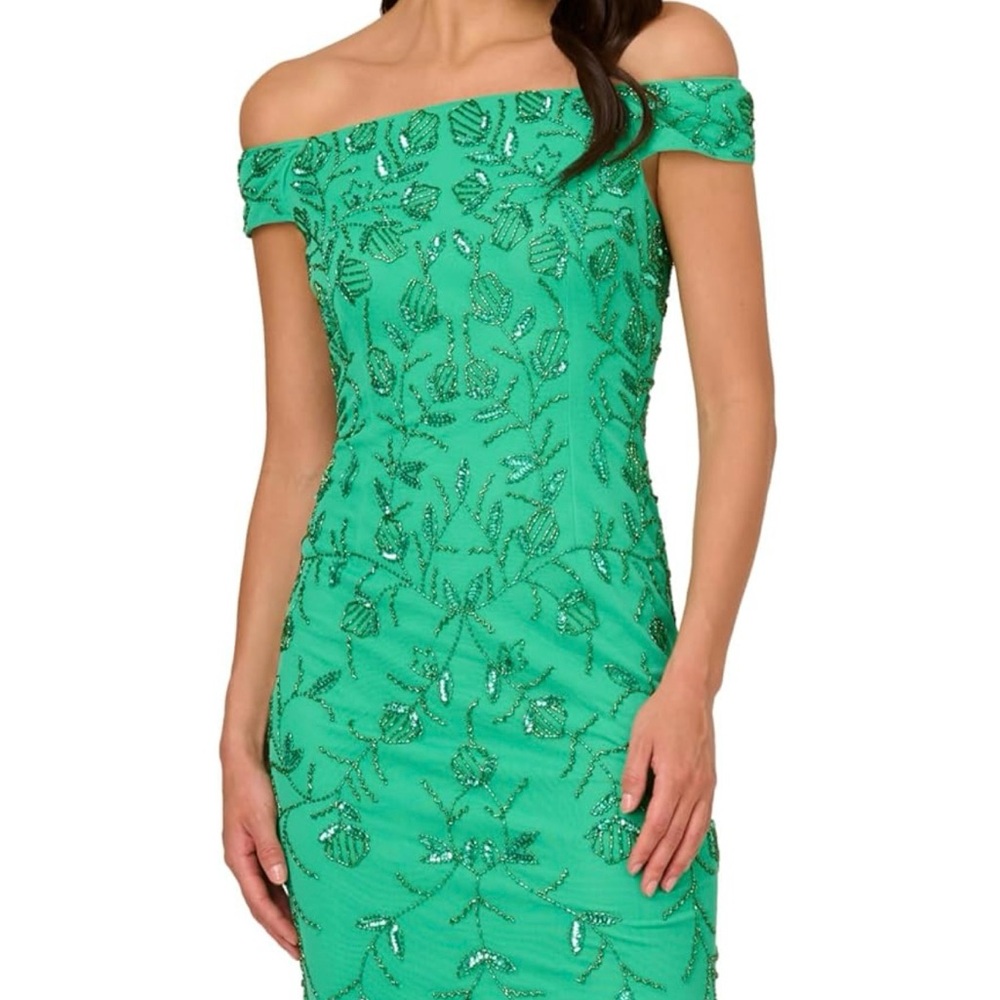 Adrianna Papell Beaded Off the Shoulder Midi Dress